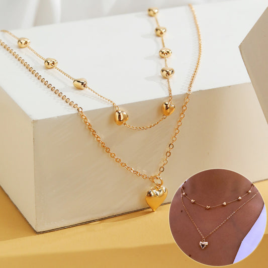 Double-layer Heart Pendant  Chain Necklace Jewelry Accessories